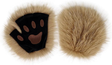 HAOAN Wolf Paw Gloves Faux Fur Cat Fingerless Mittens Winter Warm Cosplay Halloween Fancy Party Costume Accessories