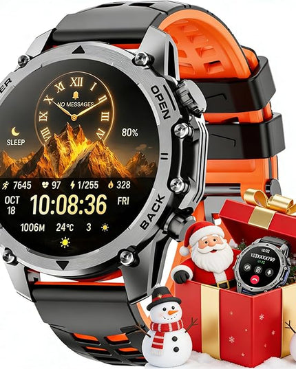 Hwagol Smart Watches for Men (Call/Notification),1.52'' Military Smart Watch, Two Style Kits,Flashlight,100+Sport Modes/Heart Rate/Sleep Monitor/Pedometer (Orange-Blue)