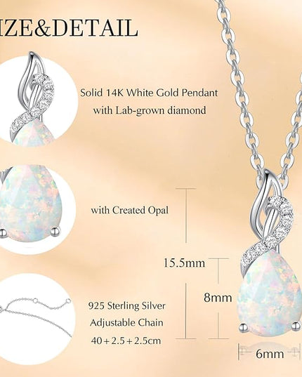 FANCIME 14K Solid White Gold Teardrop Pendant with Diamond Birthstone Necklace