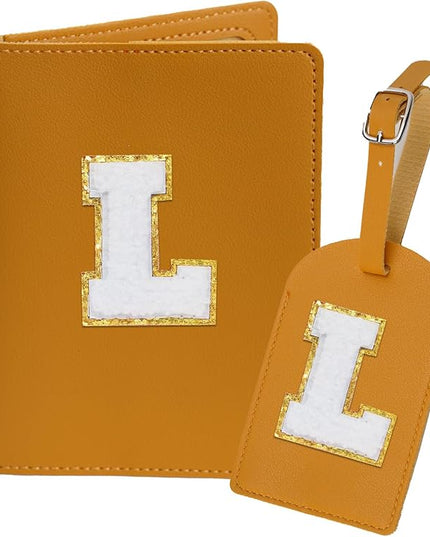 Initial Passport Cover Holder and Luggage tag Set,PU Leather Passport Case Travel Suitcase Tag with Letter Patch, Personalized Travel Luggage Accessories Gifts for Women Grils Teenage Ginger L