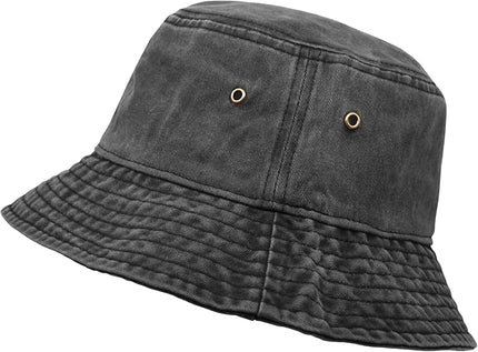 Bucket Hat, Wide Brim Washed Denim Cotton Outdoor Sun Hat Flat Top Cap for Fishing Hiking Beach Sports