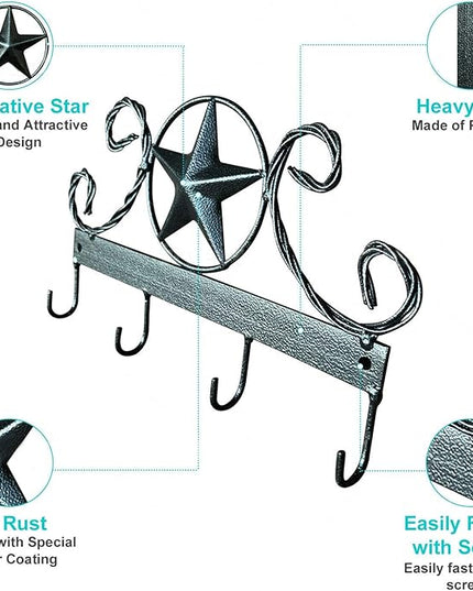 EcoRise Black Texas Country Western Key Holder - Rustic Wall Décor Key Hanger for Home, Vintage Metal Key Hangers for Wall, Star Key Rack Hook Wall Holders, Multiple Hooks for Keys (Black)