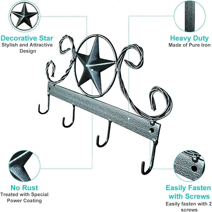 EcoRise Black Texas Country Western Key Holder - Rustic Wall Décor Key Hanger for Home, Vintage Metal Key Hangers for Wall, Star Key Rack Hook Wall Holders, Multiple Hooks for Keys (Black)