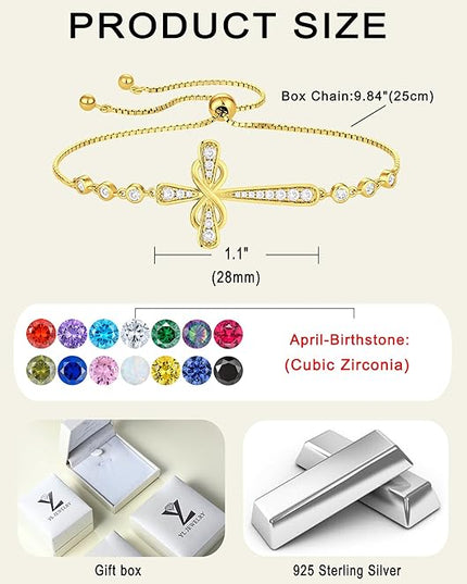 YL Cross Bracelet 925 Sterling Silver Infinity Sideways Link Bracelet Birthstone Jewelry for Women