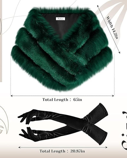 Zhanmai 2 Pcs Winter Long Shawl Cloak Stretchy Glove Opera Bridal Dance Gloves for Women Dress Party Coat