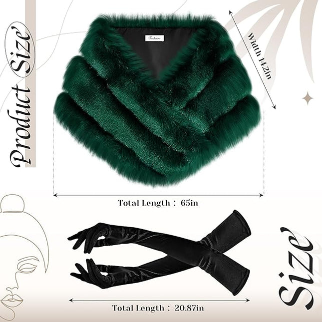 Zhanmai 2 Pcs Winter Long Shawl Cloak Stretchy Glove Opera Bridal Dance Gloves for Women Dress Party Coat