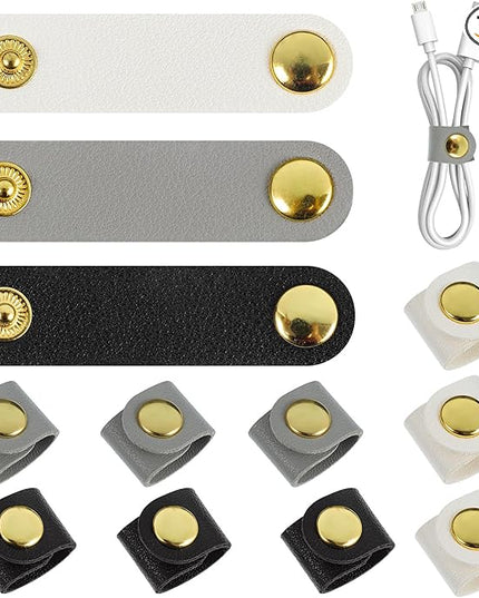 12 Pcs Cord Organizer, Stocking Stuffers for Men Portable PU Leather Cord Holder Winder Keeper Earphone Cable Cord USB Straps Earphone Winder with Leather Handmade(Black/White/Grey)