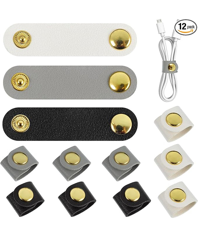 12 Pcs Cord Organizer, Stocking Stuffers for Men Portable PU Leather Cord Holder Winder Keeper Earphone Cable Cord USB Straps Earphone Winder with Leather Handmade(Black/White/Grey)