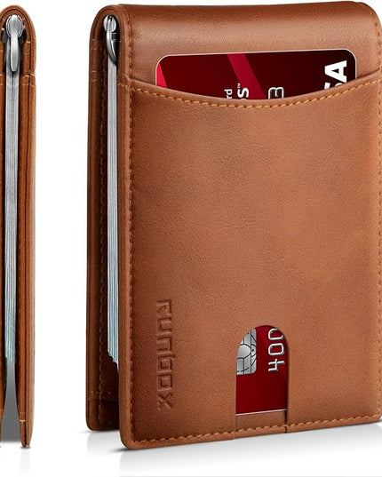 RUNBOX Slim Wallet for Men Genuine Leather RFID Blocking Bifold Minimalist Front Pocket Mens Wallet with Money Clip Thin Gift Box