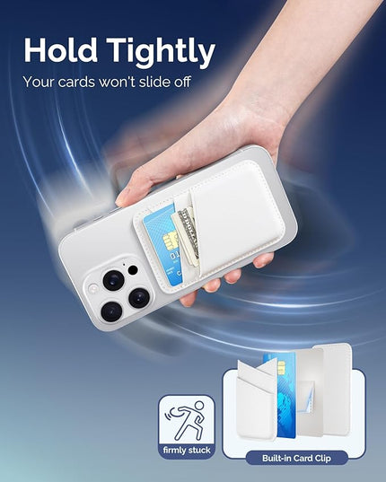 SS Magnetic Card Wallet Compatible with iPhone 16 15 14 13 12 Pro Max Plus Series - Strongest Magnetic Leather Card Holder Stick on for Apple Cell Phone, Mag Safe Wallet for Women Men (White)