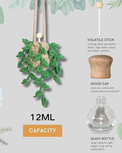 Handmade Crochet Hanging Car Air Freshener,12ml Empty Refillable Oil Diffuser Bottle with Crochet Hanging succulents Plant for Car Rearview Mirror for Home, and Office Hanging Diffuser Decor
