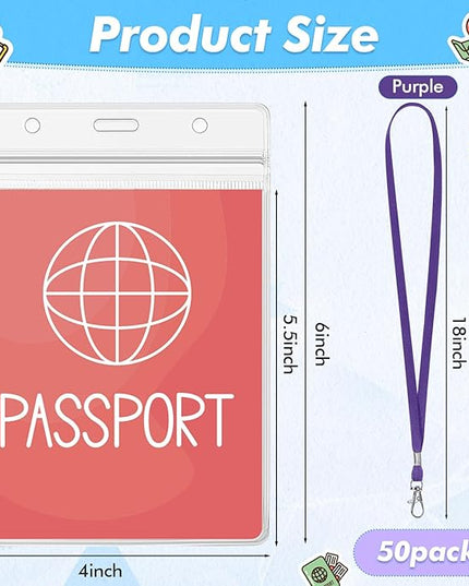 Patelai 50 Pcs 4 x 5.5 Inch Clear Passport Holders with Lanyard Extra Large PVC Card Holder Waterproof Name Badge Holder for Cruise Vacation Credit Card Plane Ticket Receipt (Purple)