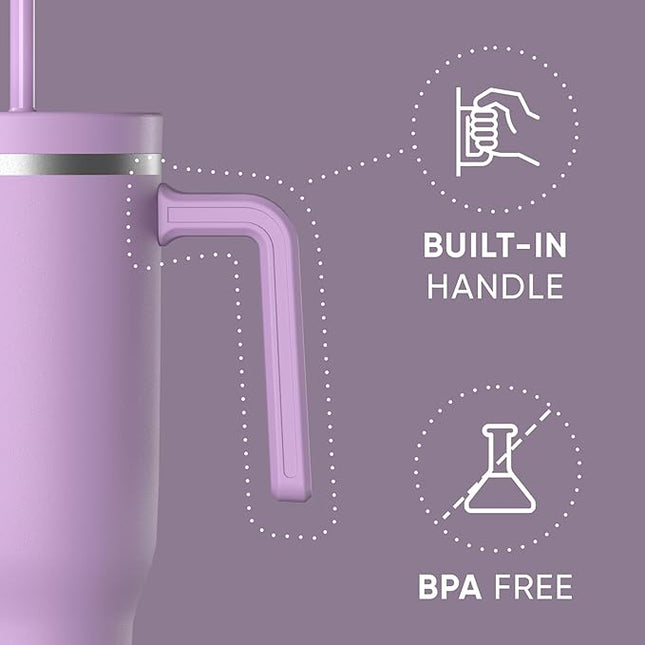 Hydrapeak Voyager 40 Oz Stainless Steel Tumbler with Handle, Insulated Water Bottle With Straw & Lid, Cupholder Friendly Reusable Travel Mug (Mauve)