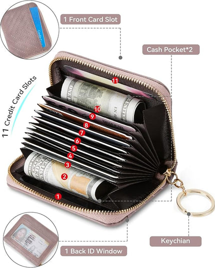BOSTANTEN Credit Card Holder Wallet RFID Blocking Leather Small Wallet for Women Zipper Keychain Wallet with Wristlet Purple