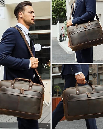 Masa Kawa Leather Briefcase for Men 17/15.6" Laptop Crossbody Shoulder Messenger Bag Business Travel Work Attache Case