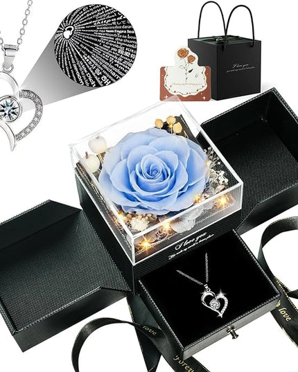 Birthday Gifts for Women, Preserved Real Roses with Heart Necklace I Love You in 100 Languages, Anniversary Wedding Gifts for Women Her Girlfriend Wife, Forever Roses Necklace Gift Box SkyBlue