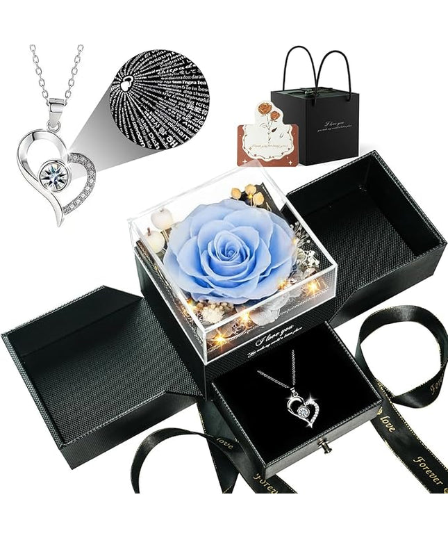Birthday Gifts for Women, Preserved Real Roses with Heart Necklace I Love You in 100 Languages, Anniversary Wedding Gifts for Women Her Girlfriend Wife, Forever Roses Necklace Gift Box SkyBlue