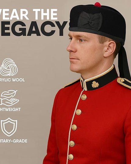 Glengarry HAT Pure Wool Cap with POM POM Soft Cotton Lining Comfortable FIT Kilt Accessories – Military Cap Highland WEAR