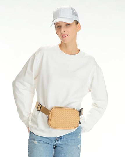 C.C Woven Vegan Leather Fanny Pack – Waist Bag with Adjustable Strap, Crossbody Belt Bag (Vegan Leather Woven - Camel)