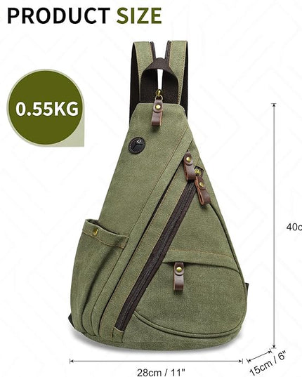 Vintage Canvas Sling Bag with Genuine Leather Zipper, 3 in 1 Crossbody, Backpack, and Chest Bag, for Travel, Hiking, 16x10x6 Inches, Green