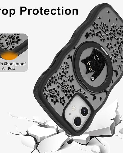 Wavy Case for iPhone 12 Case with Stand [Compatible with MagSafe] Cute Black Cat & Floral & Butterflies Pattern Design, Kawaii 360 Magnetic Ring Kickstand Phone Cover for Women Girls