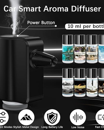 Smart Car Air Freshener, Car Air Freshener Diffuser with 3 Adjustable Light Modes, Rechargeable Aromatizante para Carro with 8pcs Essential Oil, Long-Lasting, Black