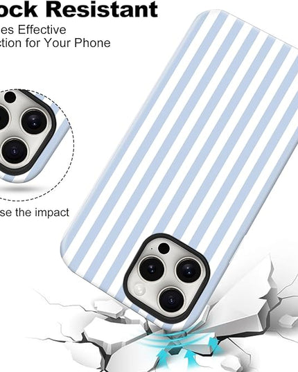 Magnetic for iPhone 15 Pro Max Case Cute Stripes Phone Case, Shockproof Slim TPU and Hard PC Protective Phone Cover Compatible with MagSafe Designed for Women Girls, Blue and White