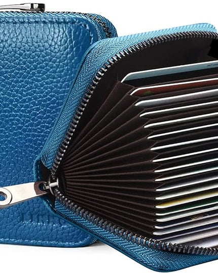 Linno RFID 20 Slots Credit Card Holder Genuine Leather Small Wallet for Women or Men with Zipper