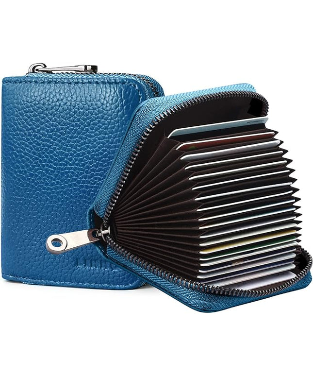 Linno RFID 20 Slots Credit Card Holder Genuine Leather Small Wallet for Women or Men with Zipper