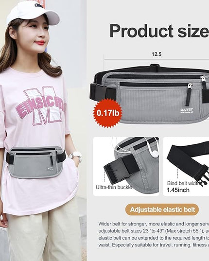 RFID Blocking Money Belt for Men Women, Slim Fanny Pack For Travel，Running,Conceal Waist Wallet For Passport Holder,Phone,Cash(Black Light Grey)