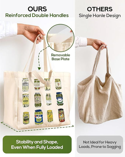 Large Canvas Grocery Tote Bag - Reusable Extra Large Shopping Shoulder Bags with 6 Inner Pockets & 2 Handle Strap