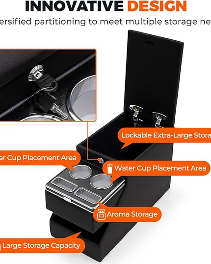 Center Console Between Seat Organizer for Minivans, SUVs, Middle Van Console Floor Console Organizer Storage Box with Phone Holder& Cup Holders for Minivans Console Organizer Storage Box with Locking