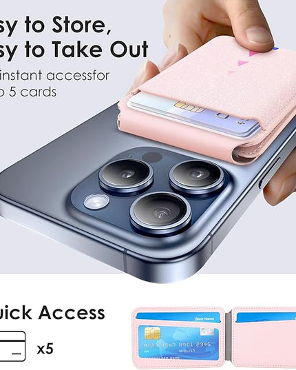 CreaDream Magnetic Wallet, Magnetic Card Wallet Holder with RFID for iPhones, Adjustable Stand with 5 Card Holder for iPhone 17/16/15/14/13/12 Series, Not for iPhone Mini, Sparkle Pink