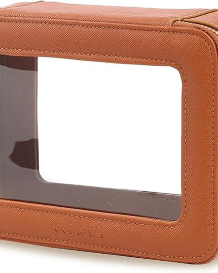 Aveniee Clear Makeup Bag, Travel Toiletry Case Car Accessories Organizer for Women, Heavy Duty Clear Pouch with Dual Zippers(Brown)