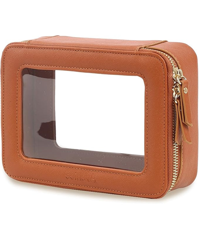 Aveniee Clear Makeup Bag, Travel Toiletry Case Car Accessories Organizer for Women, Heavy Duty Clear Pouch with Dual Zippers(Brown)