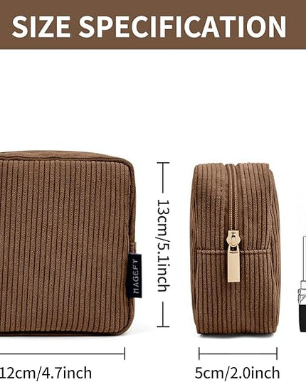 MAGEFY Small Makeup Bag for Purse Mini Cosmetics Bag Corduroy Cute Cosmetic Pouch for Women with Slip-in Pockets