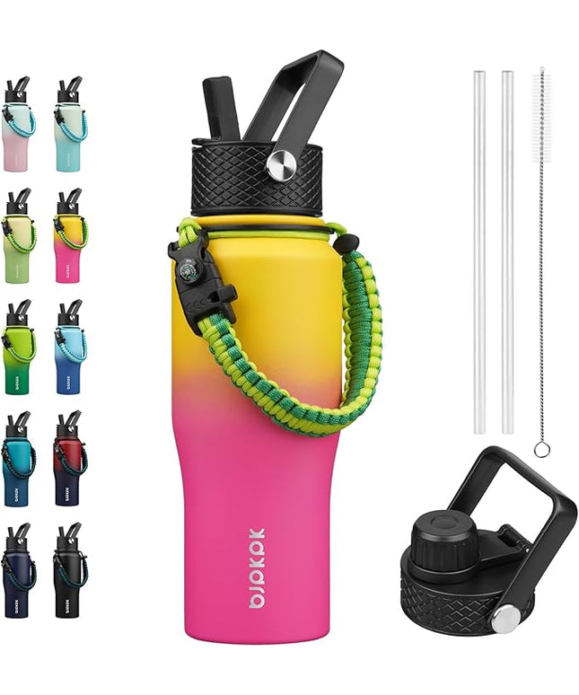 BJPKPK Insulated Water Bottles with Straw Lid, 23oz Metal Water Bottle with 2 lids & Paracord Strap, Double Wall Stainless Steel Vacuum Tumblers, Cups,Thermo for Hot& Cold Drinks, Pink & Yellow Rose