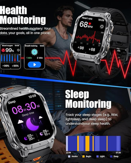 2.0" Military Smart Watch for Men with Flashlight, Make/Answer Calls, 1000mAh, IP68 Waterproof, 100+ Sport Modes Fitness Tracker for Workout Outdoor iOS Android Compatible, Black-Silicone