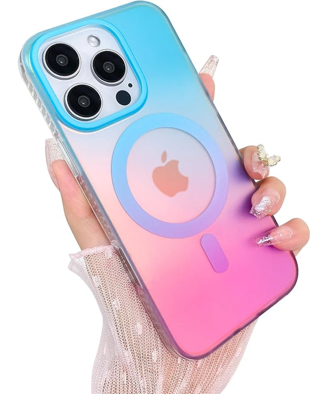 Aesthetic Case for iPhone 16 Pro 6.3 inch 2024 [Compatible with Magsafe] Cute Girly Glitter Shiny Rainbow Magnetic Protective Phone Cover for Women Girls, Matte Iridescent Blue & Pink