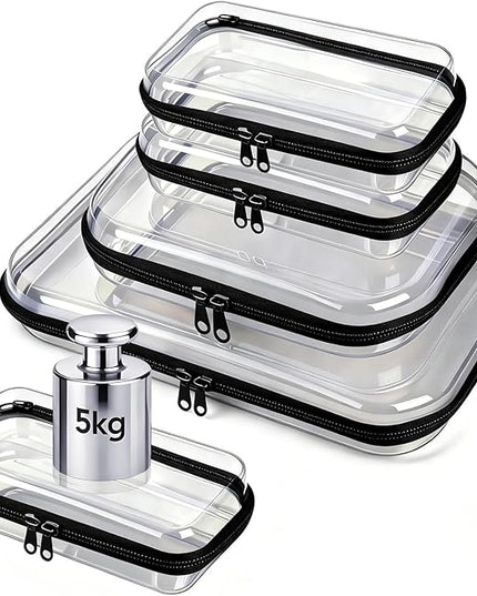 5 Pack Clear Hard Shell Zipper Pouches, TSA Friendly Transparent Design for Toiletries & Electronics, Crush-Resistant Storage for Carry-On Travel (Black)