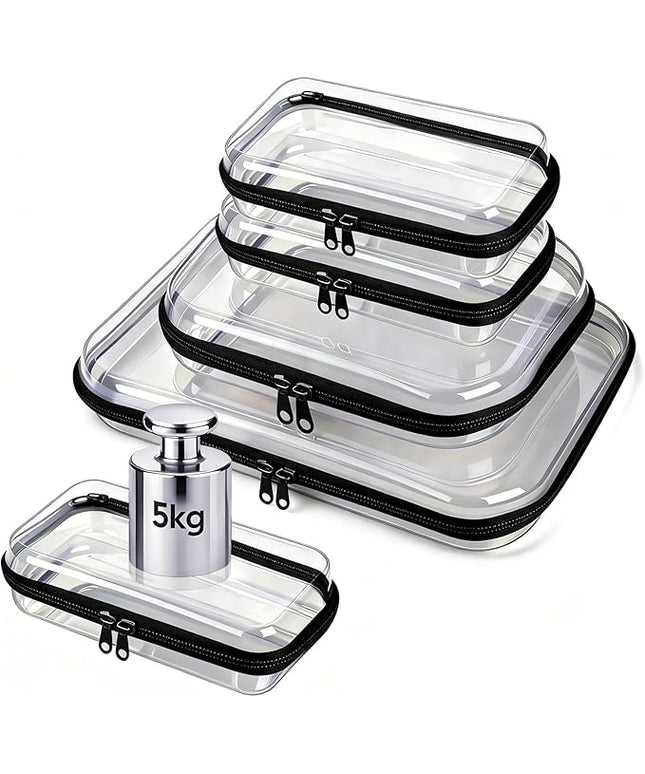 5 Pack Clear Hard Shell Zipper Pouches, TSA Friendly Transparent Design for Toiletries & Electronics, Crush-Resistant Storage for Carry-On Travel (Black)