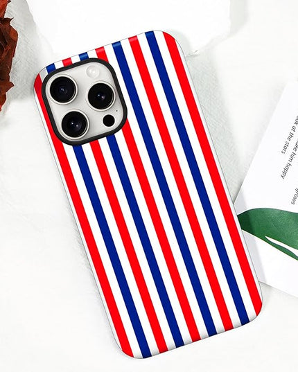 Magnetic for iPhone 15 Pro Max Case Cute Stripes Phone Case, Shockproof Slim TPU and Hard PC Protective Phone Cover Compatible with MagSafe Designed for Women Girls, Red and Blue