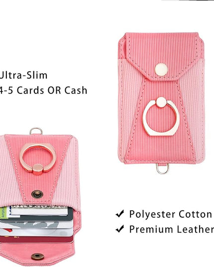Cell Phone Card Holder,Card Holder for Back of Cell Phone with Ring Grip Stand,Adhesive Stick-on Credit Card Wallet Pocket with Detachable Neck Strap Pink