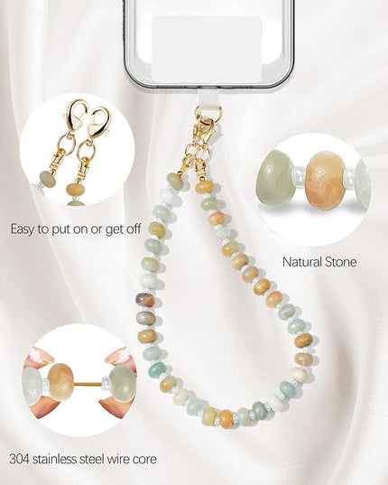 Natural Stone Beaded Phone Wrist Strap for Women – Detachable Chain Wristlet, Durable 304 Stainless Steel Core (Amazonite)