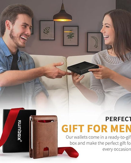 RUNBOX Slim Wallet for Men Genuine Leather RFID Blocking Bifold Minimalist Front Pocket Mens Wallet with Money Clip Thin Gift Box