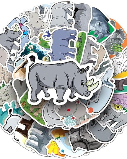 Cartoon Rhinoceros Stickers for Kids Girls Boys Teens|50 Pcs| Vinyl Waterproof Stickers for Laptop Cup Water Bottle Phone Tablet Luggage Flasks Helmet, Lovely Animals Decals Pack(Rhino -50Pcs)