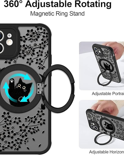 Cute Case for iPhone 12 Case with Stand [ Compatible with MagSafe ] Kawaii Black Cat & Floral & Butterflies Pattern Design 360 Magnetic Ring Kickstand Phone Cover for Women Girls Boys