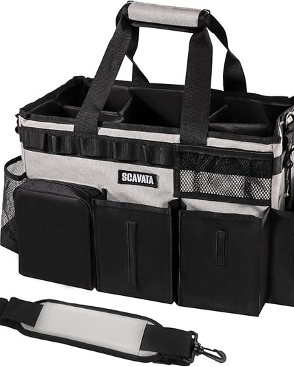 Wearable Cleaning Caddy Bag, Cleaning Caddy Supplies Organizer with Handle & Shoulder Straps for Housekeepers, Under Sink & Car Cleaning Tool Organizers with 4 Foldable Divider (Grey)