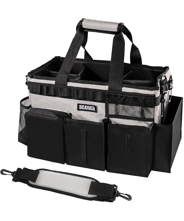 Wearable Cleaning Caddy Bag, Cleaning Caddy Supplies Organizer with Handle & Shoulder Straps for Housekeepers, Under Sink & Car Cleaning Tool Organizers with 4 Foldable Divider (Grey)