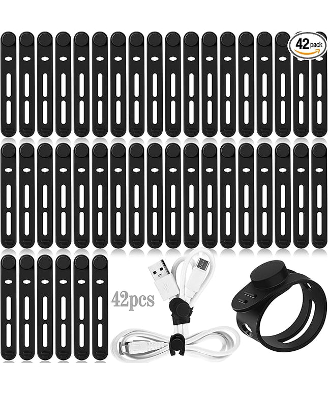 42 Pcs Silicone Cable Ties Reusable Cord Straps Multipurpose Elastic Cable Organizer for Bundling Fastening Earphone Phone Charger Home Office School(Black,3.15 Inch)